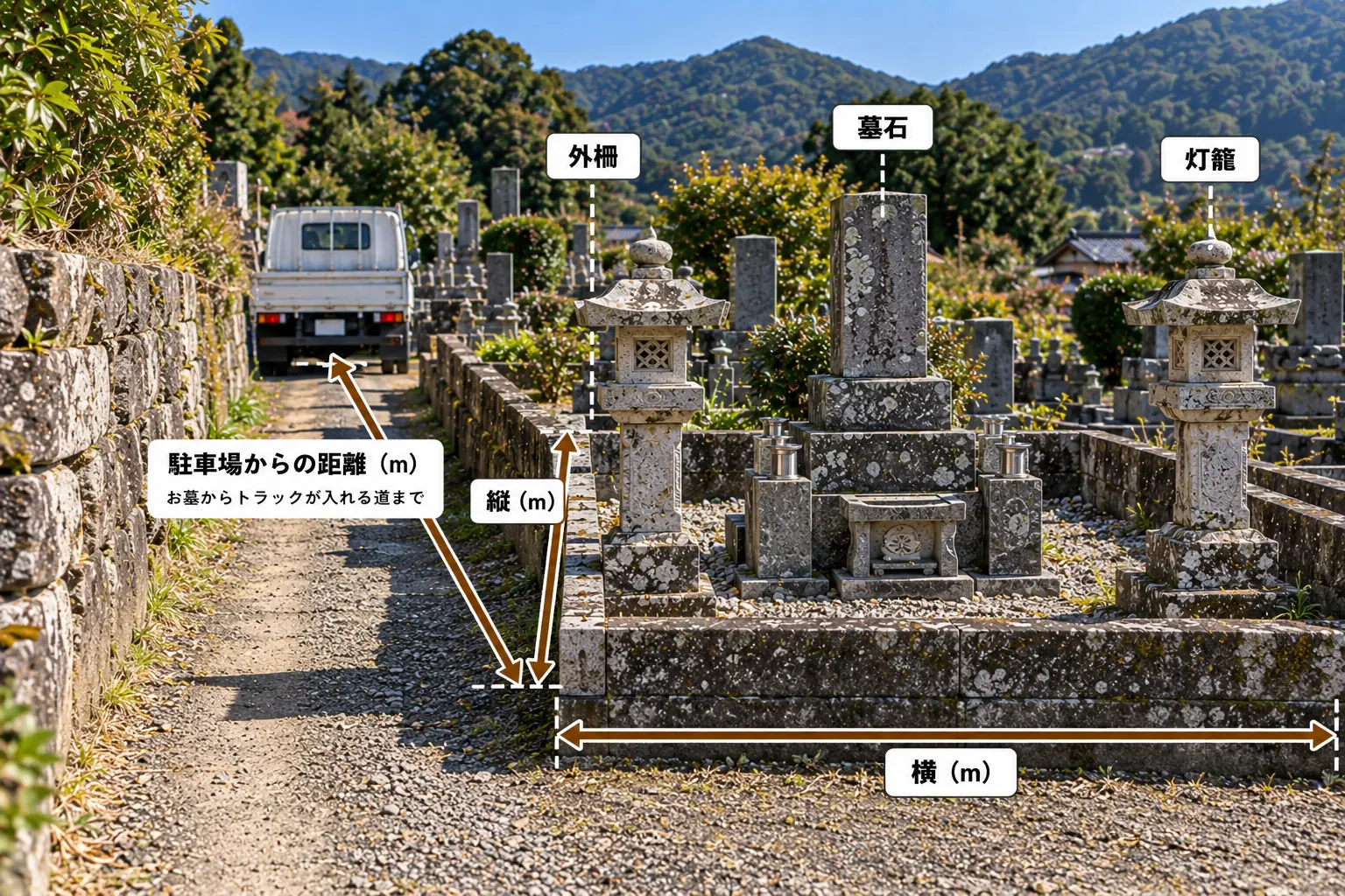 墓所を正面から見た写真。外柵・墓石・灯籠の位置と、縦（m）・横（m）の寸法、駐車場からお墓までの距離を矢印で示している